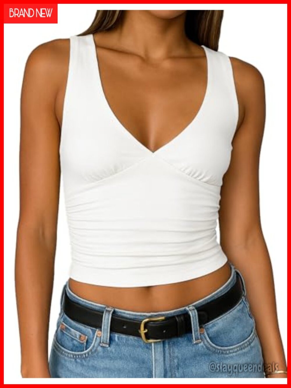 Womens Double Lined Deep V Neck Crop Tank Top Sleeveless Slim Fit Y2K Summer
